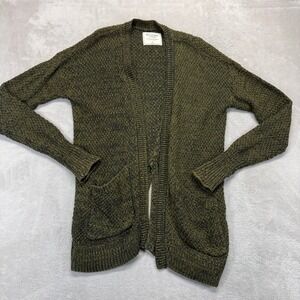 Abercrombie Fitch Shirt Women Small Cardigan Olive Green Marled Open Knit Pocket